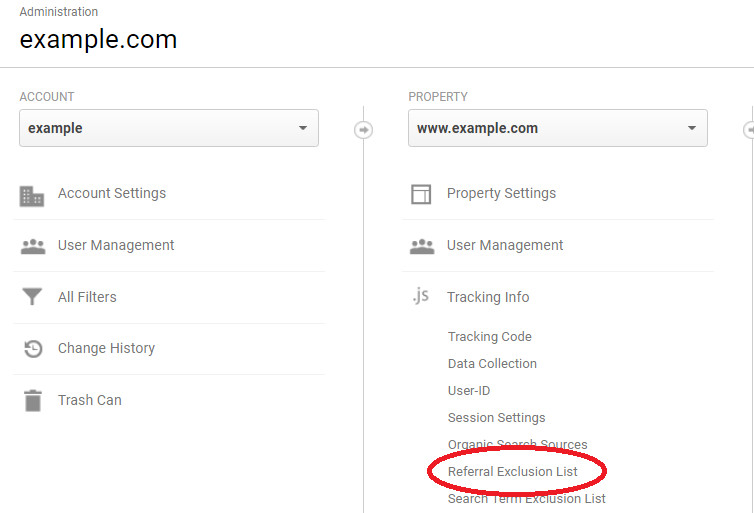 Navigate to Referral Exclusions for cross domain tracking in Google Analytics Admin